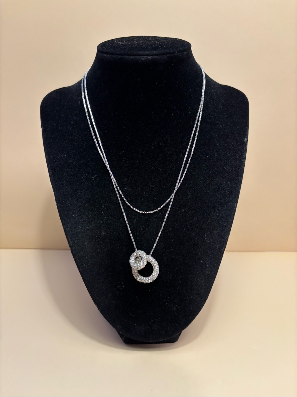 Parure Silver Double Crystal Pavé Circle Pendant Necklace 15”-17”+2”
